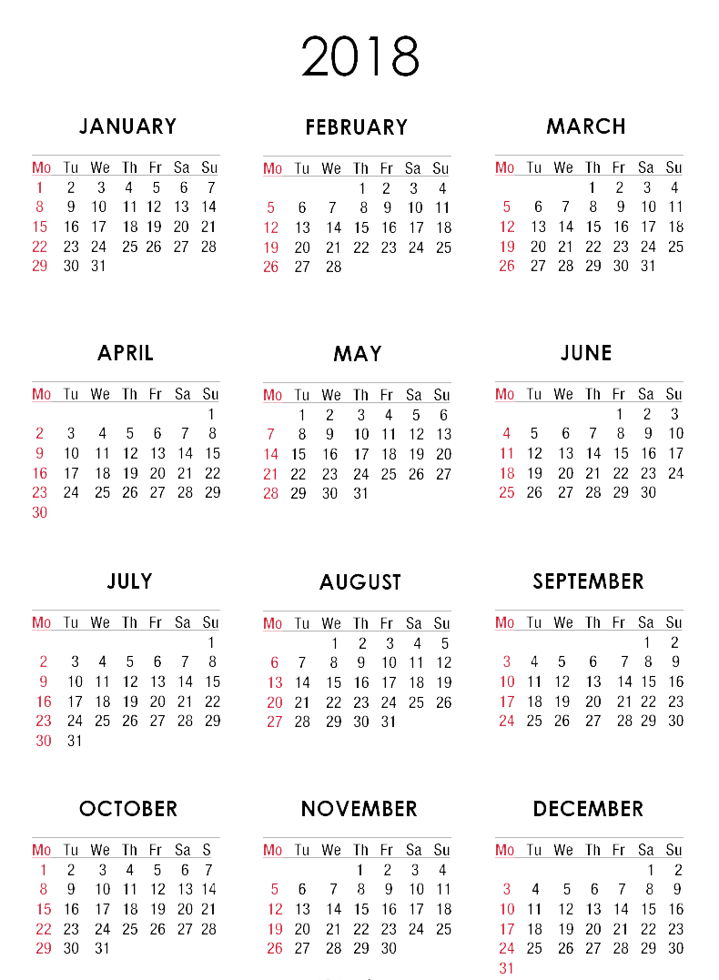 Calendario 2018 trasparente