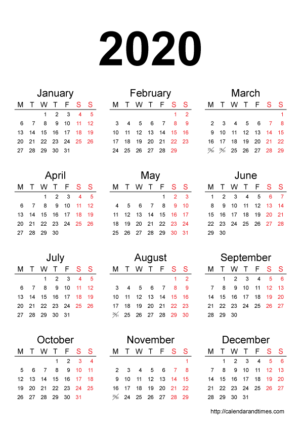 All Months Calendar 2020 Transparent Background