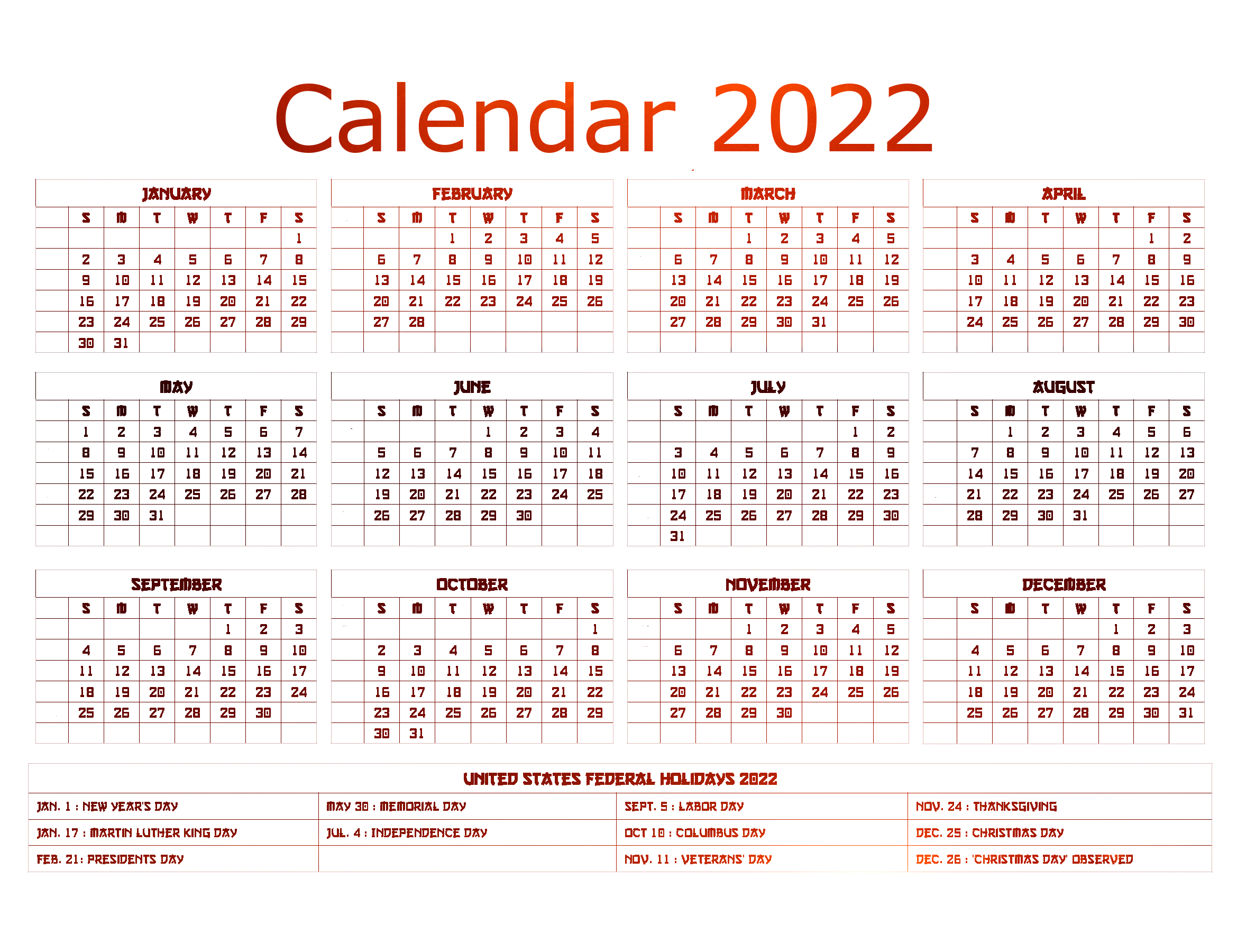 Red Calendar 2022